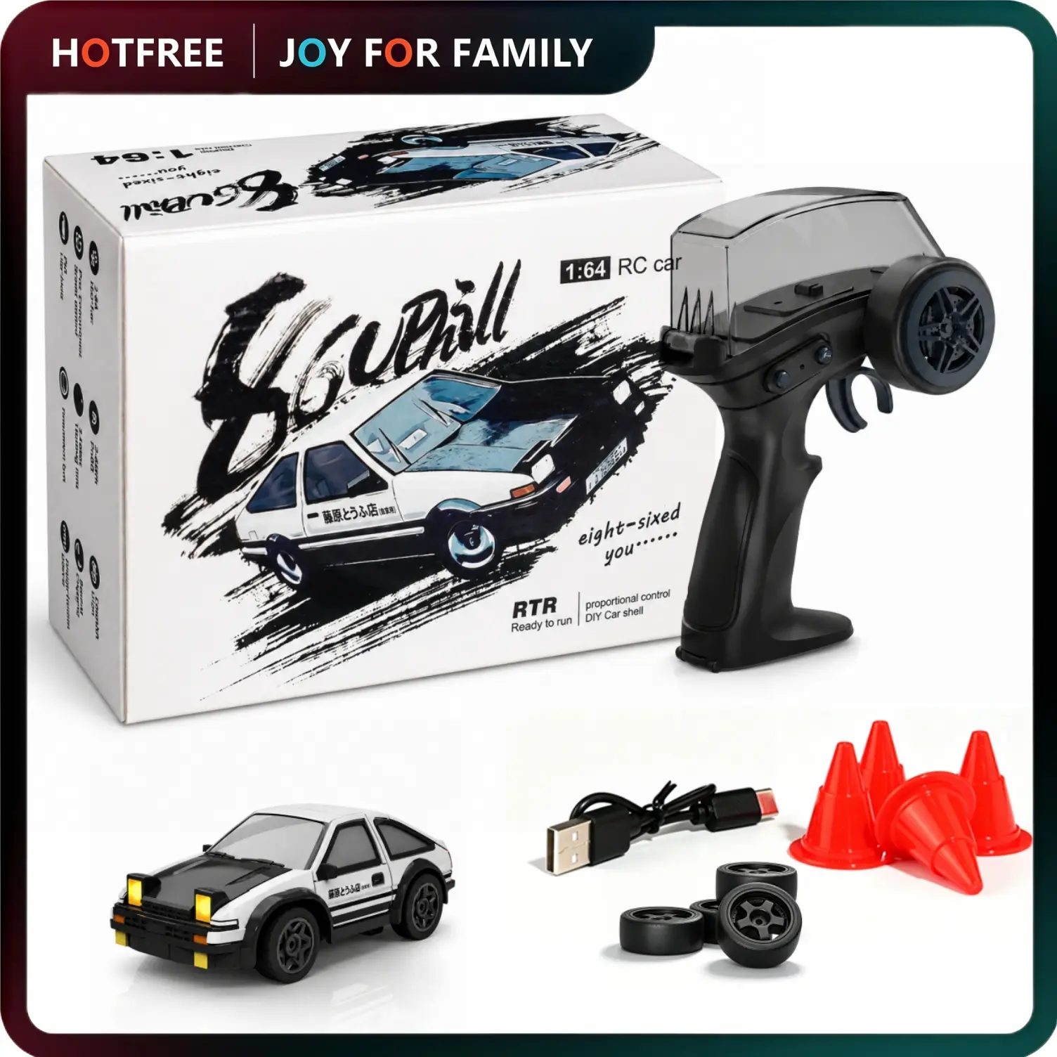 Hotfree 1/64 Mini RC Drift Car, 4WD High-Speed Remote Control AE86 with LED Light Modes & DIY Stickers, RC Drift Truck, Fun Desktop Entertainment Toy, Birthday Gift for Kids & Boys Outdoorfun Portable Compact