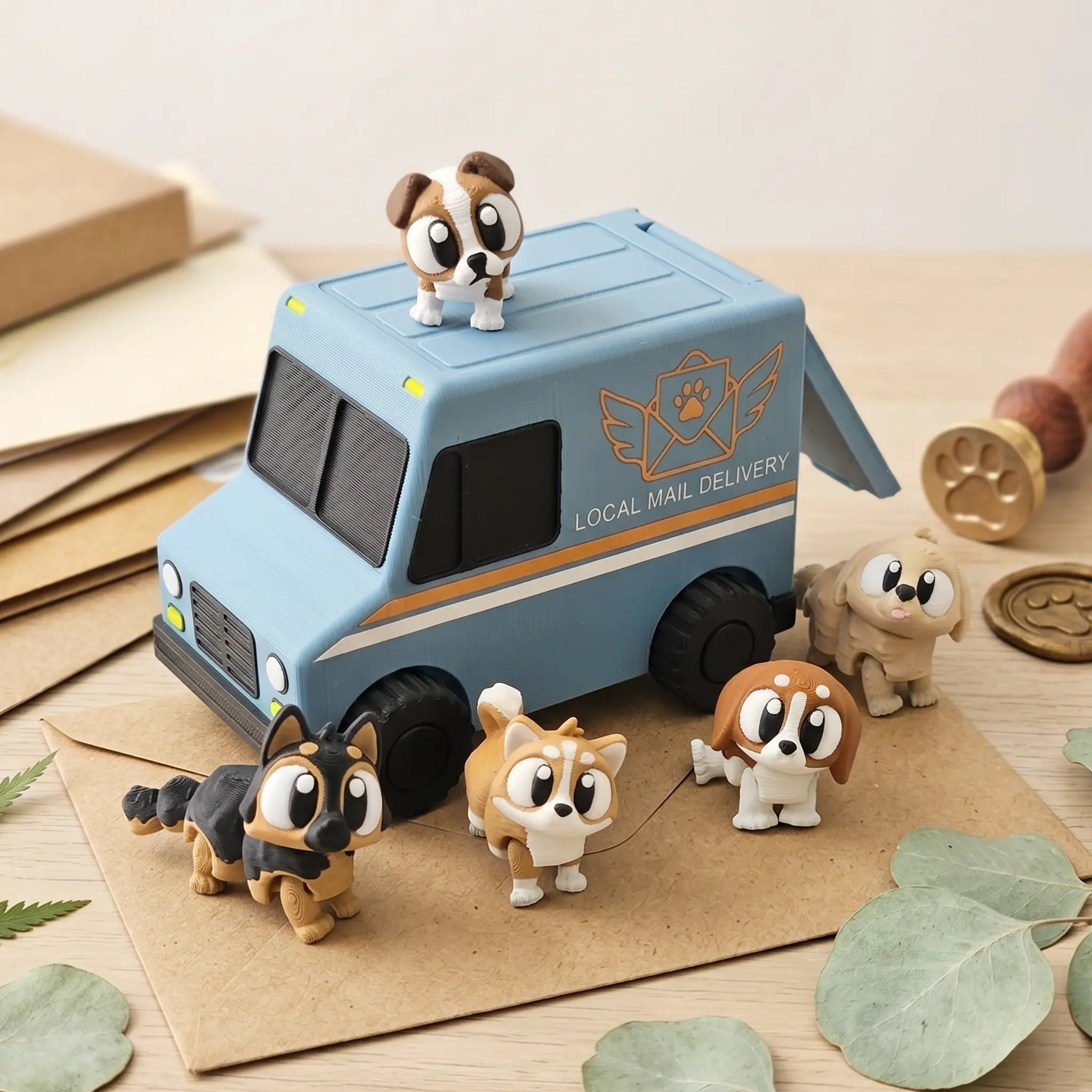 Pups in a Postal Truck Mini Animal Set - Unique 3D Printed Collectibles, Poseable Desk Animals For Adults, Stress Relief and Display Gift