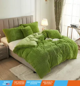 Faux Fur Velvet Fluffy Bedding Duvet Cover Set Down Comforter Quilt Cover with Pillow Shams, Ultra Soft Warm and Durable (Apple Green, Queen)