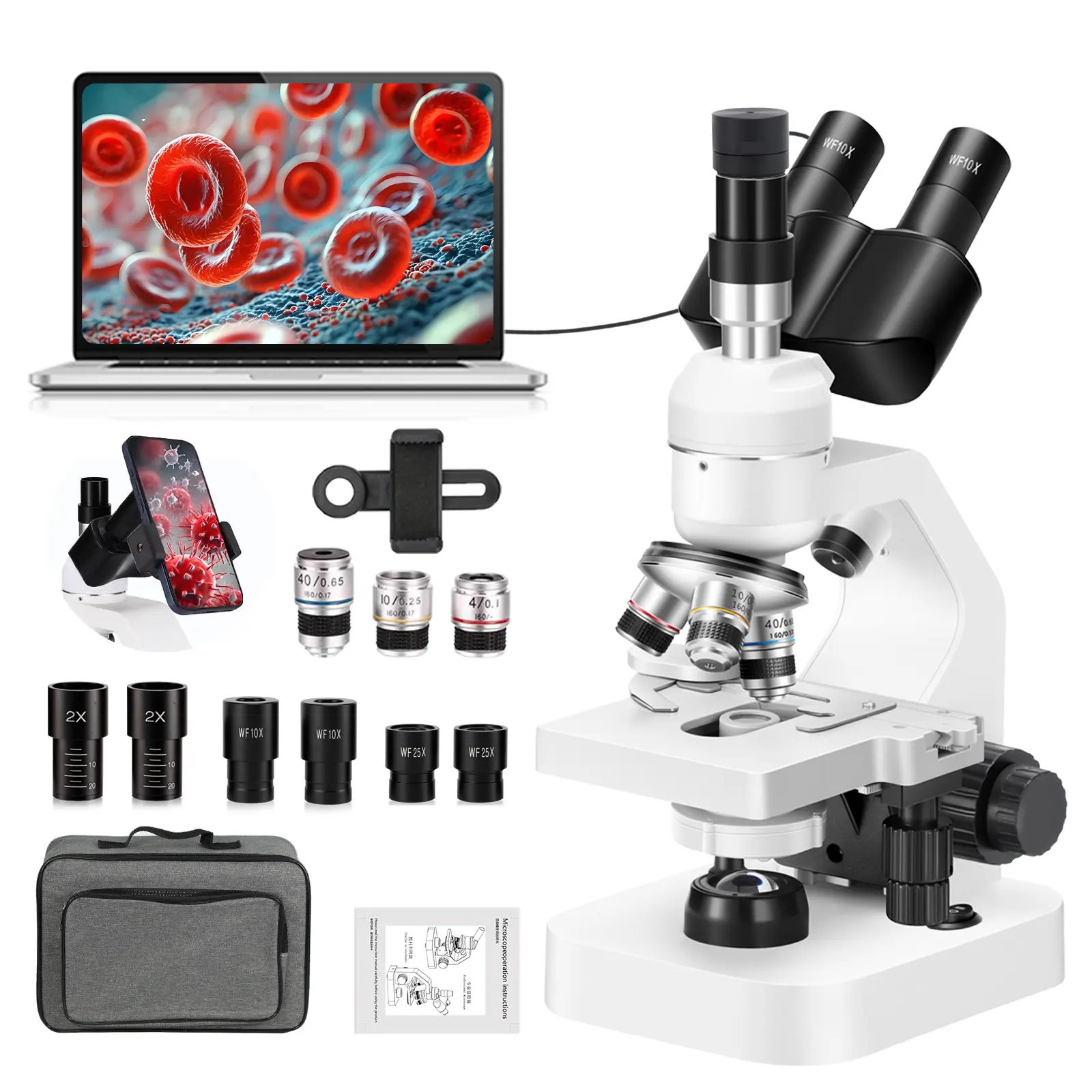 3-Eye Compound Microscope with 40-2000x Magnification, Double-Layer Movable Stage, Computer-Connectable Electronic Eyepiece, STEM Learning Tool, Learning Materials for Students & Educators