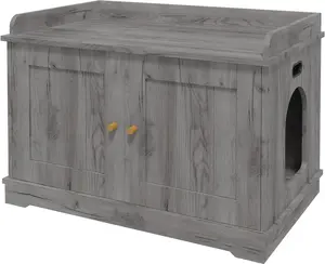 Cat Litter Box Enclosure, Hidden Litter Box Cabinet with Barn Door, Wooden Cat Washroom Furniture, Fit Most of Litter Box, Wooden Kitty House, Gray