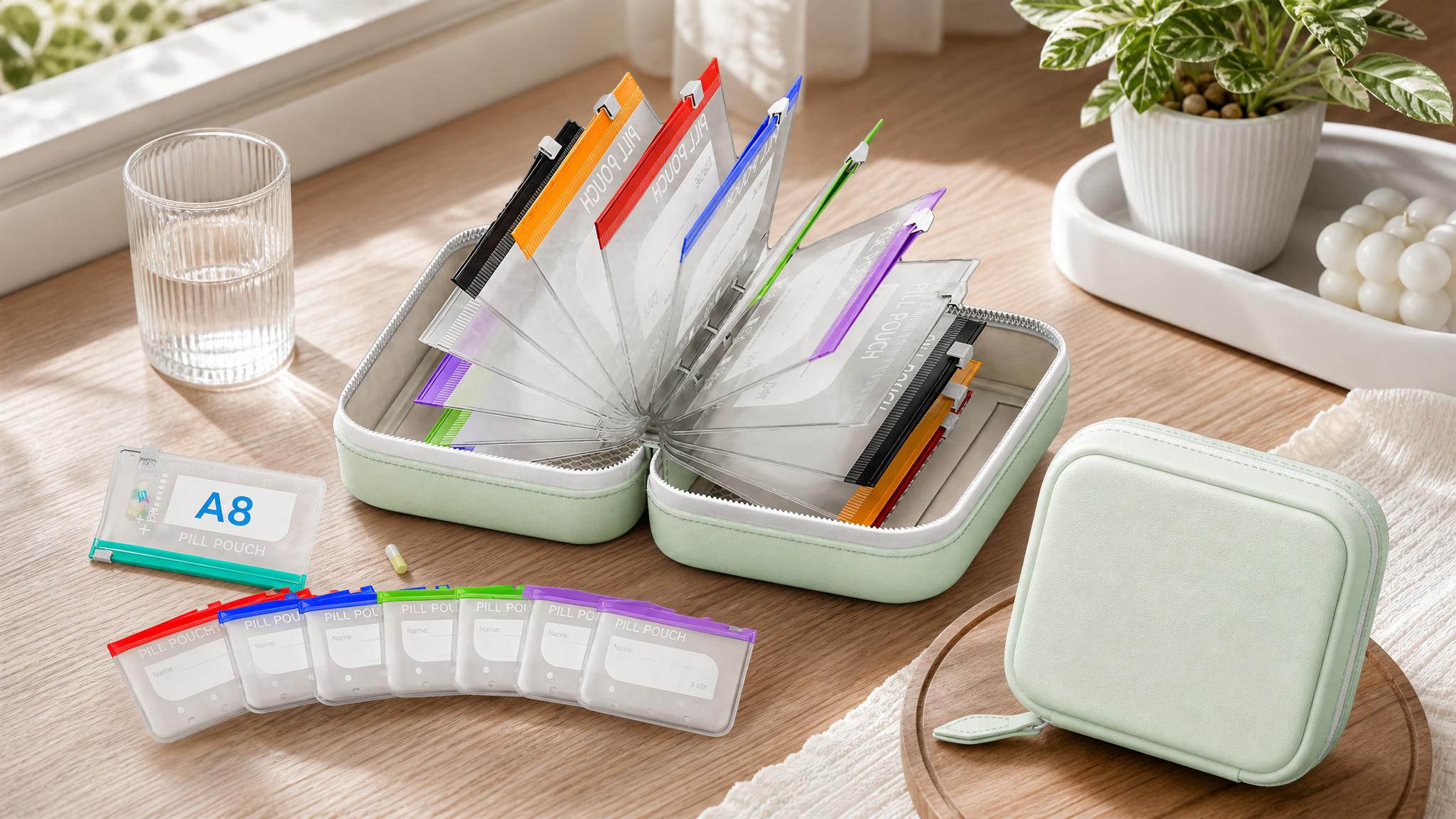 Waterproof Pill Organizer Travel Case, Large Weekly Medicine Pouch Set with 14 Color Coded Bags, Reusable Vitamin & Supplement Storage Organizer for Daily Wellness