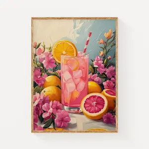 Pink Summer Drink Art Print, Colorful Lemonade Cocktail Poster, Citrus & Floral Wall Decor, Tropical Kitchen or Bar Cart Print