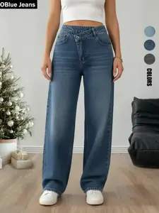 OBlue Jeans Women's Plain Asymmetrical Waist Button Baggy Stacked Jeans, Fashion Casual Denim Jeans for Daily Wear, Ladies Bottoms for All Seasons