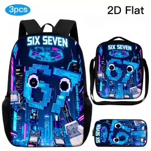 3PCS "Six Seven" Pixel Robot Backpack Set, Water Resistant School Bag + Lunch Box + Pencil Case, Lightweight, Fits 15-inch Laptop, Breathable Straps, Neon Cyberpunk City Vibe