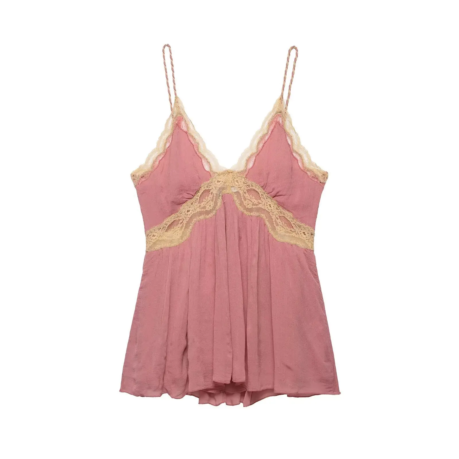 Women's Lace Trim Babydoll Cami Top, Y2K Coquette Dusty Pink Flowy Spaghetti Strap Camisole, Sexy V-Neck Slip Blouse