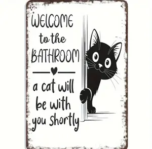 Vintage Cat Bathroom Decor Signs, Welcome To The Bathroom A Cat Will Be With You Shortly, Funny Metal Sign for Restroom Wall Decor 8 x 12in