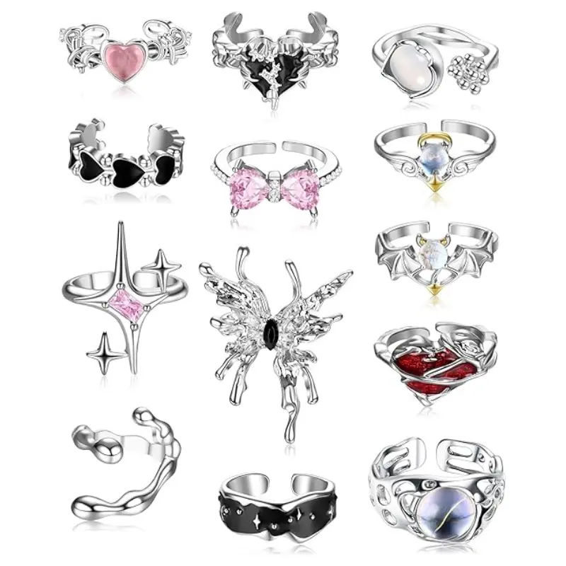13 pieces Y2k women's punk gothic ring, adjustable retro ring, with a storage box, suitable for birthdays, holidays, parties, daily leisure