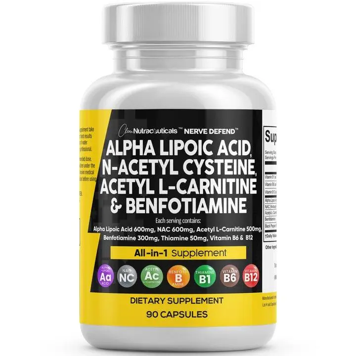 Clean Nutra Alpha Lipoic Acid, N-Acetyl Cysteine, Acetyl L-Carnitine & Benfotiamine for Healthy Nerve Function - Nerve Defend