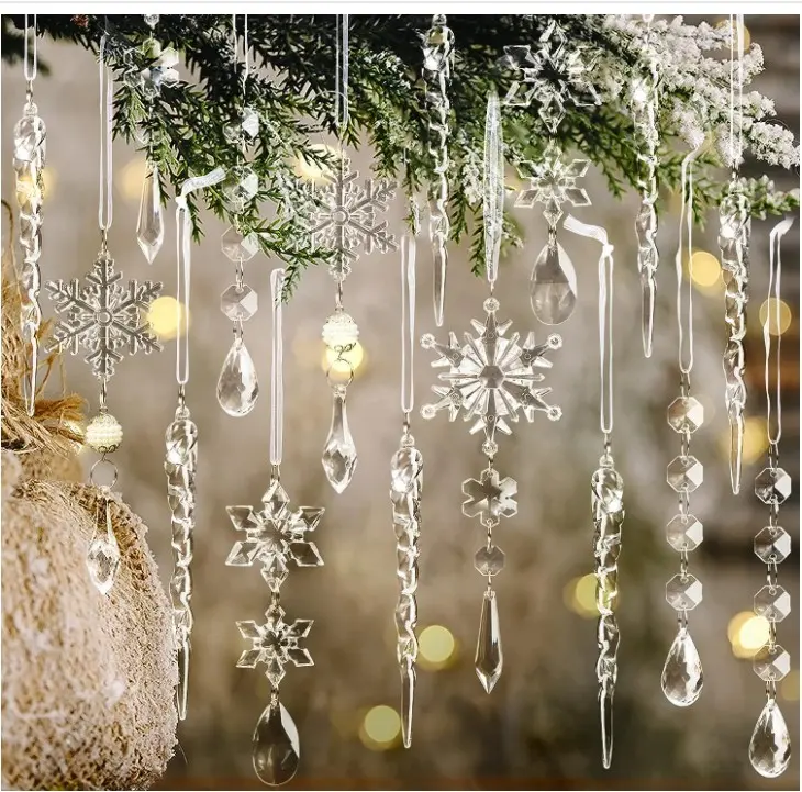 18pcs Christmas Tree Decoration Crystal Ornaments - Hanging Acrylic Christmas Snowflake Icicle Drop Crystal Ornaments for Christmas Tree Winter New Year Party Supplies