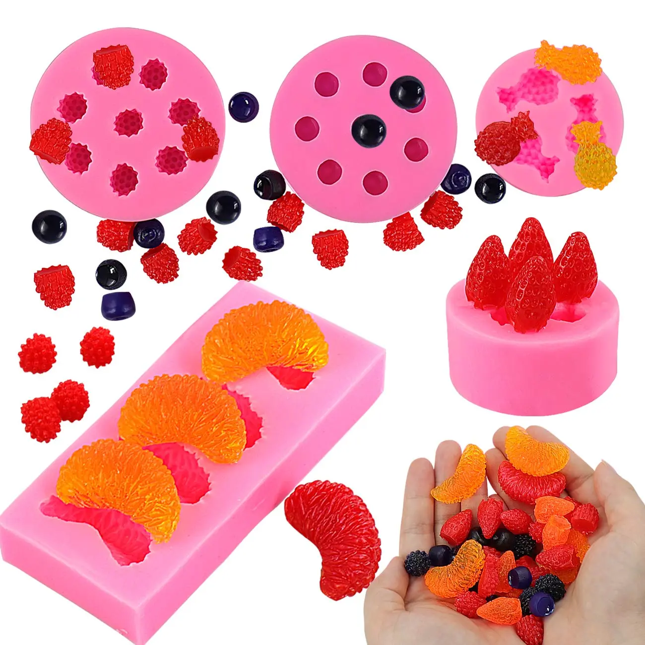 5Pcs/Set Fruit Shaped Jelly Molds,3D Mini Pineapple Strawberry Orange Blueberry Mulberry Candle Silicone Fruit Mold for Cupcake Decorating,Soap,Chocolate,Christmas Party Gifts,DIY Hand Tools Kits