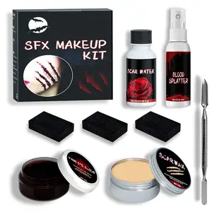 Halloween Makeup Kit,Scars Wax,Fake Blood Gel,Fake Blood Spray,Spatula, Stipple Sponge,Scar Water,Create Fake Wound Special Effects Makeup Kit,Make Specail Effects For Halloween Festival & Party springtok