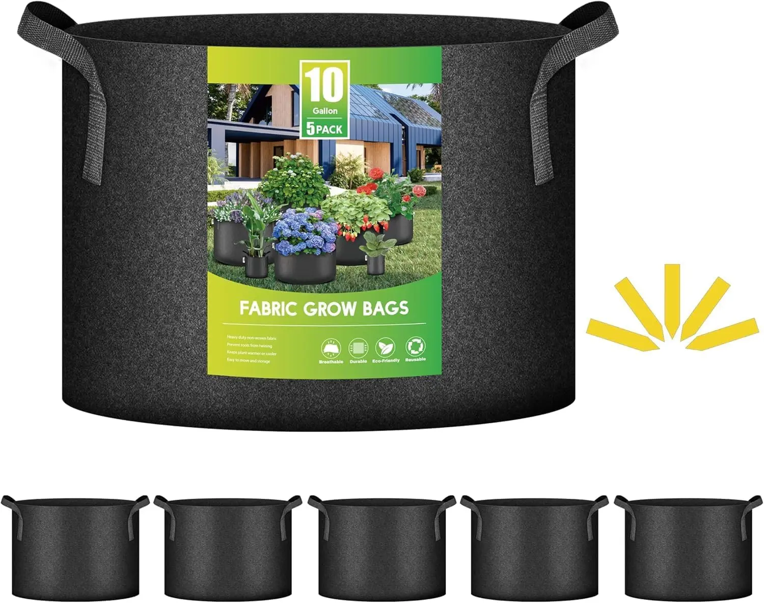 10 Gallon 5 Pack Grow Bags Nonwoven Fabric Pots Aeration Container with Strap Handles for Garden and Planting, 5-Pack Black, 10 Gallon
