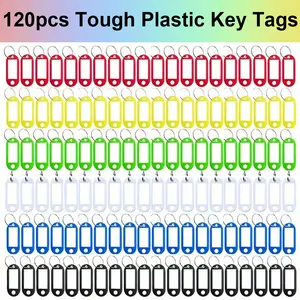 2 Inch Tough Plastic Key Tags in 6 Assorted Colors Item Identifiers Markers with Blank Paper Labels Protective Plastic Films and Split Rings, 120 Pack