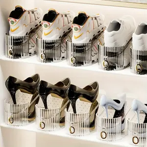 Adjustable Foldable Shoe Rack Organizer, Clear Plastic Dual Layer Shoe Holder, Space Saver for Living Room, Floor Installation