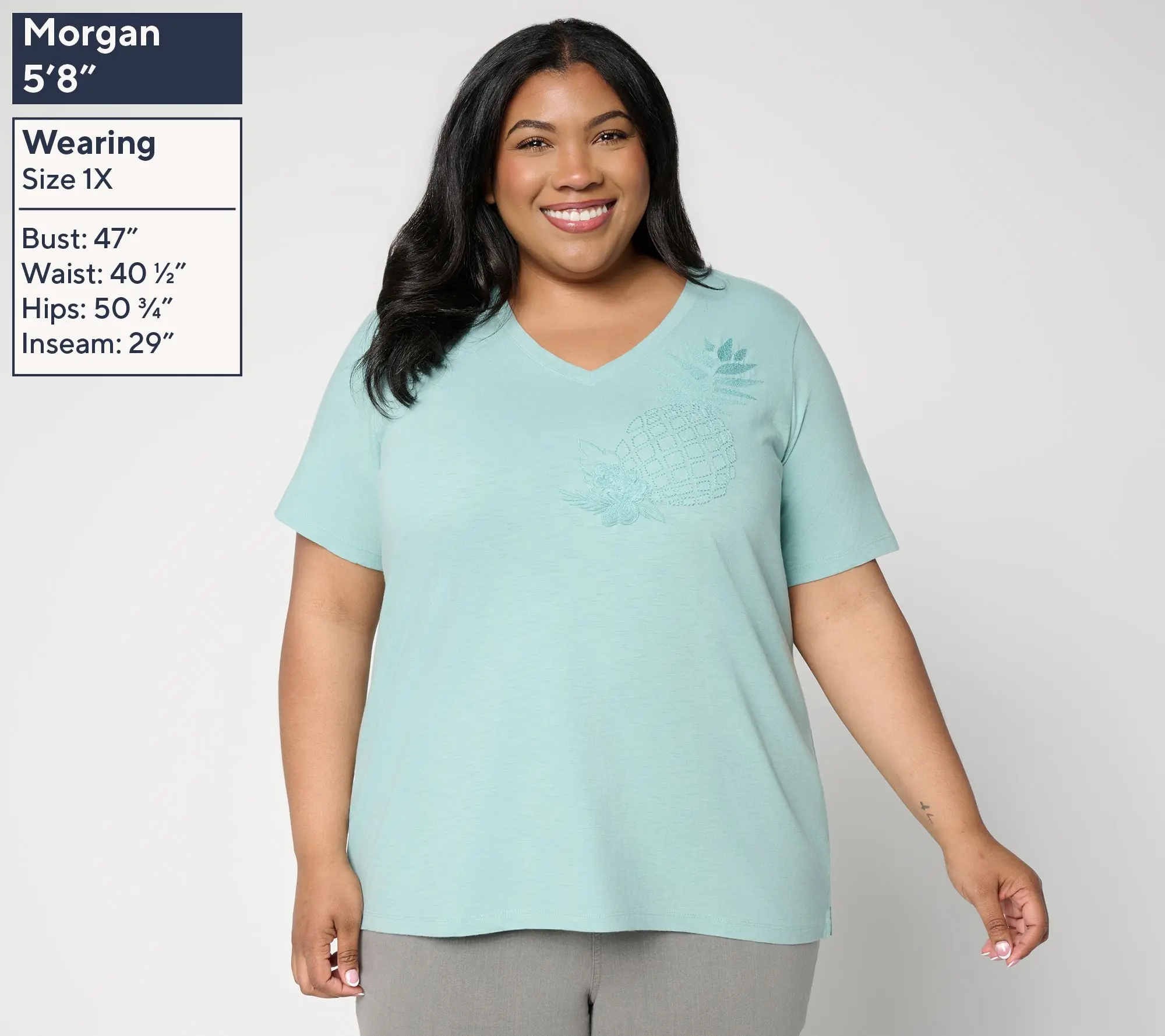 Denim & Co. Slub Knit Embroidered Pineapple V-Neck Top