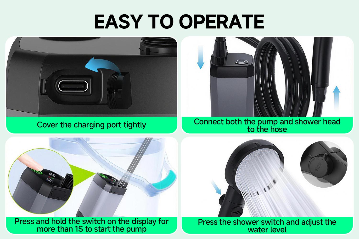 Senmeo Portable Outdoor Camping Shower - Black, 6000mAh USB Pump, Rechargeable, Ideal for Beach, Hiking, Pet Bathing, Easy to Carry, Versatile for Outdoor Activities