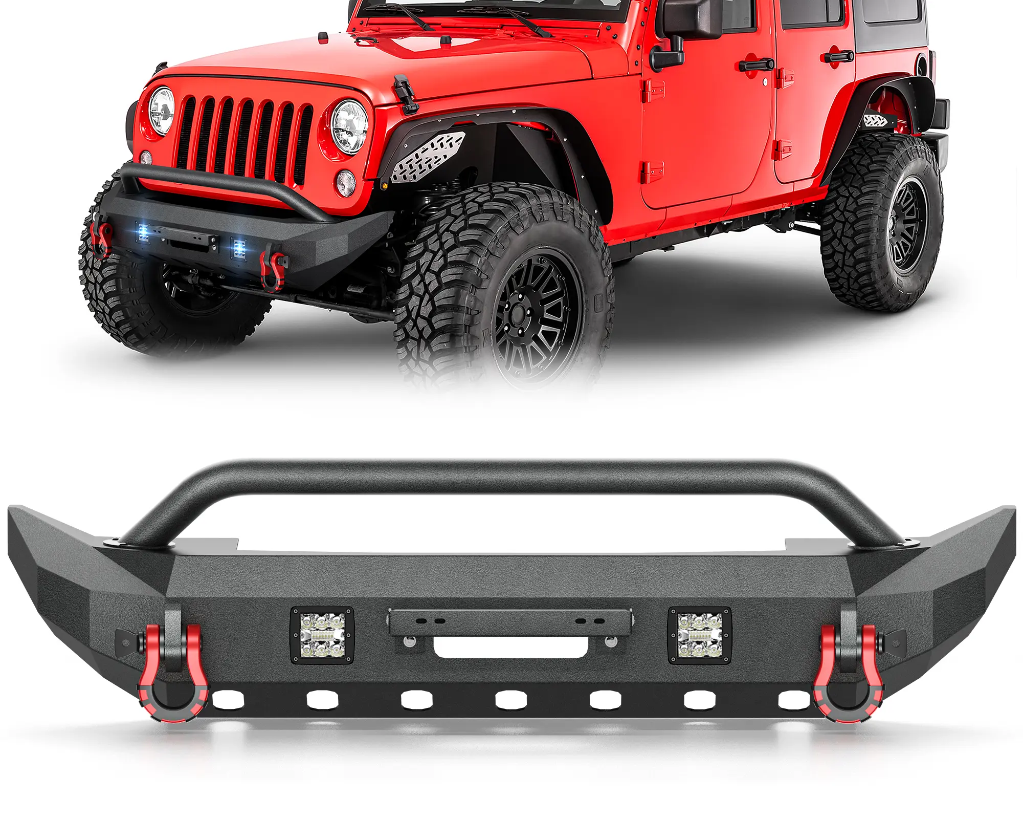 【Yzona】Front Bumper for 07-18 Jeep Wrangler JK/JKU Off-Road, Steel Black Bumper with Winch Plate, 2 LED Lights, D-Ring Holes