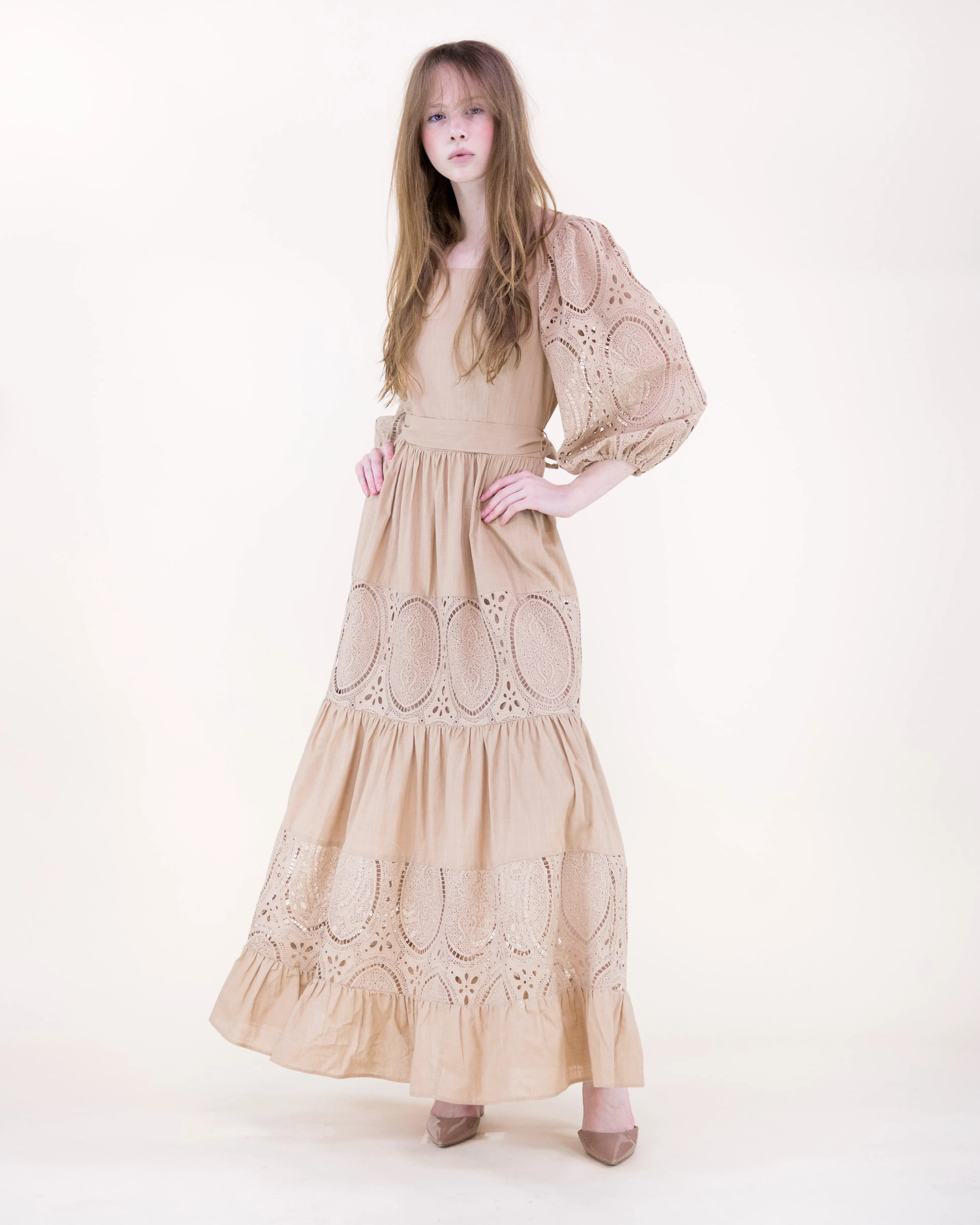Women's Floral Eyelet Lace Embroidered Maxi Dress - Feminine, Breathable Boho Apparel with Adjustable Blouson Sleeves, Tiered Design, Embroidery, Elegance