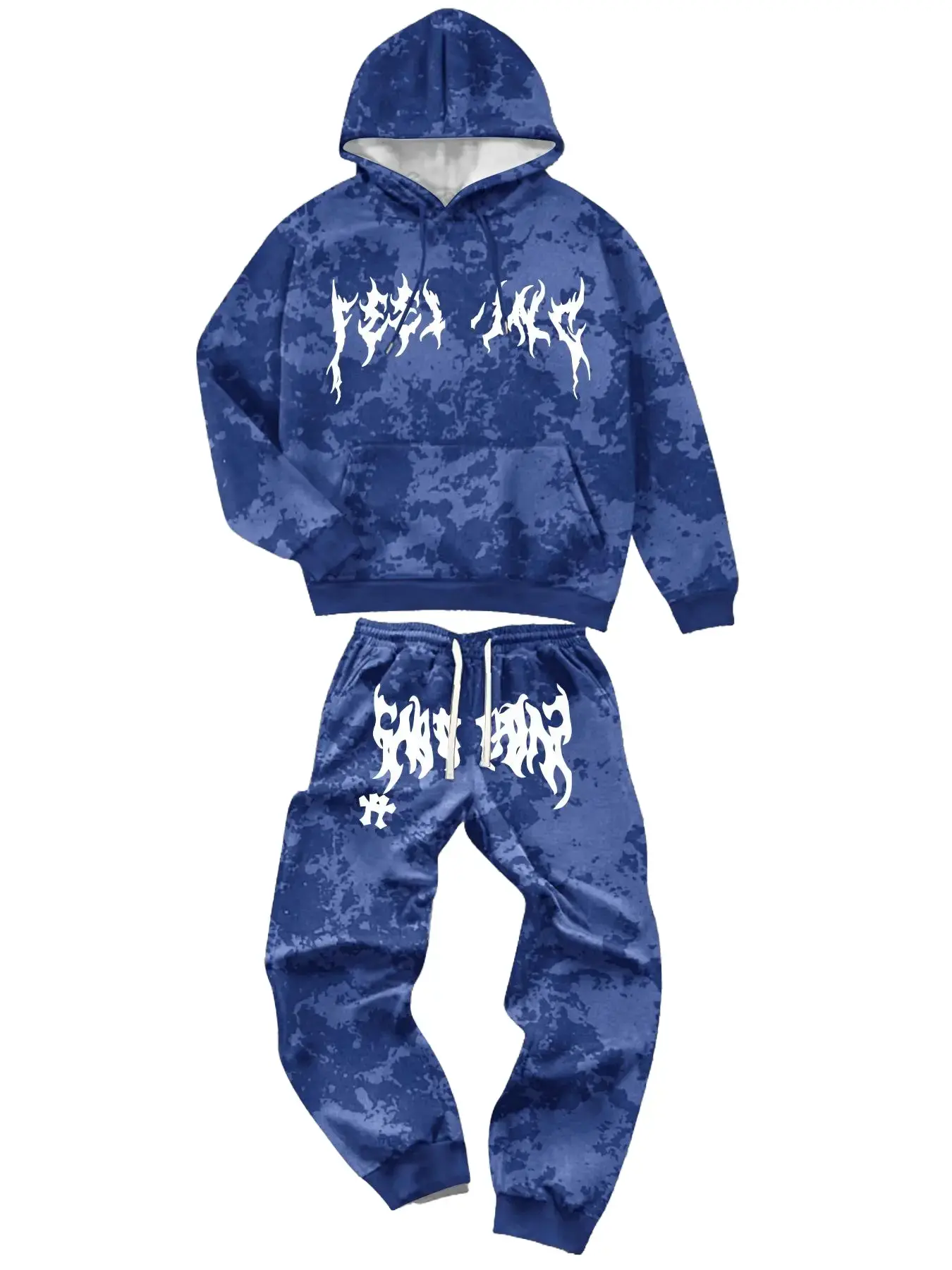 Men's 2-Piece Unit Pants & Top Set - American Streetwear Long Sleeves Hoodie & Sweat Pants, Lightning Cross Print, Functional Pockets, Slight Stretch, Black Polyester Matching Outfit Set, Casual Wear