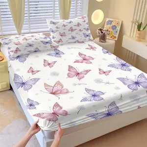 3-Piece Purple & Pink Butterfly Fitted Sheet Set, 1 Fitted Sheet + 2 Pillowcases, Soft Breathable Fabric, Non-Slip Mattress Cover, Floral Bedding, Ideal for Girls Bedroom, Dorm Decor or Gift