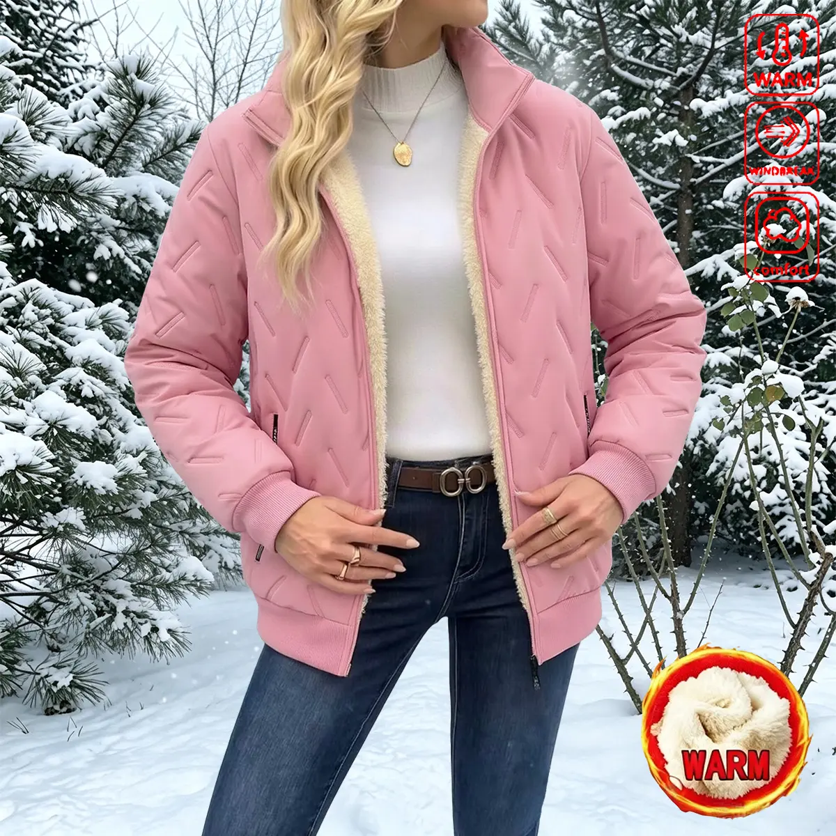 Women’s Winter Stand Collar Jacket – Thick Padded Zip-Up Outerwear with Long Sleeves and Pockets, Solid Color Casual Jacket Suitable for Autumn/Winter, Comfortable and Warm, Zippered Pockets