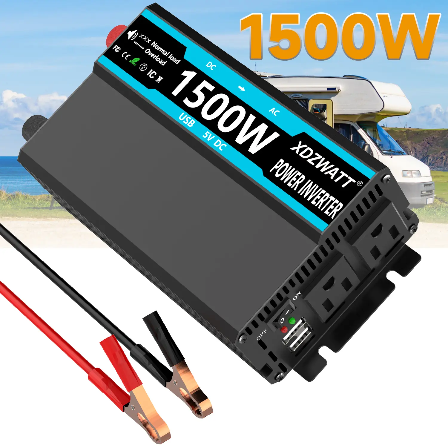 1500W Peak Modified Sine Wave Vehicle Power Inverter - 12V to 110V-120V Energy Efficient Inverter with 2 USB Ports, 2 AC Outlets, 60Hz Stable Power, 167°F Thermal Stop, Over-Voltage Cut-Off, Overload Protection for Laptops, Road Trips, Portable Inverter