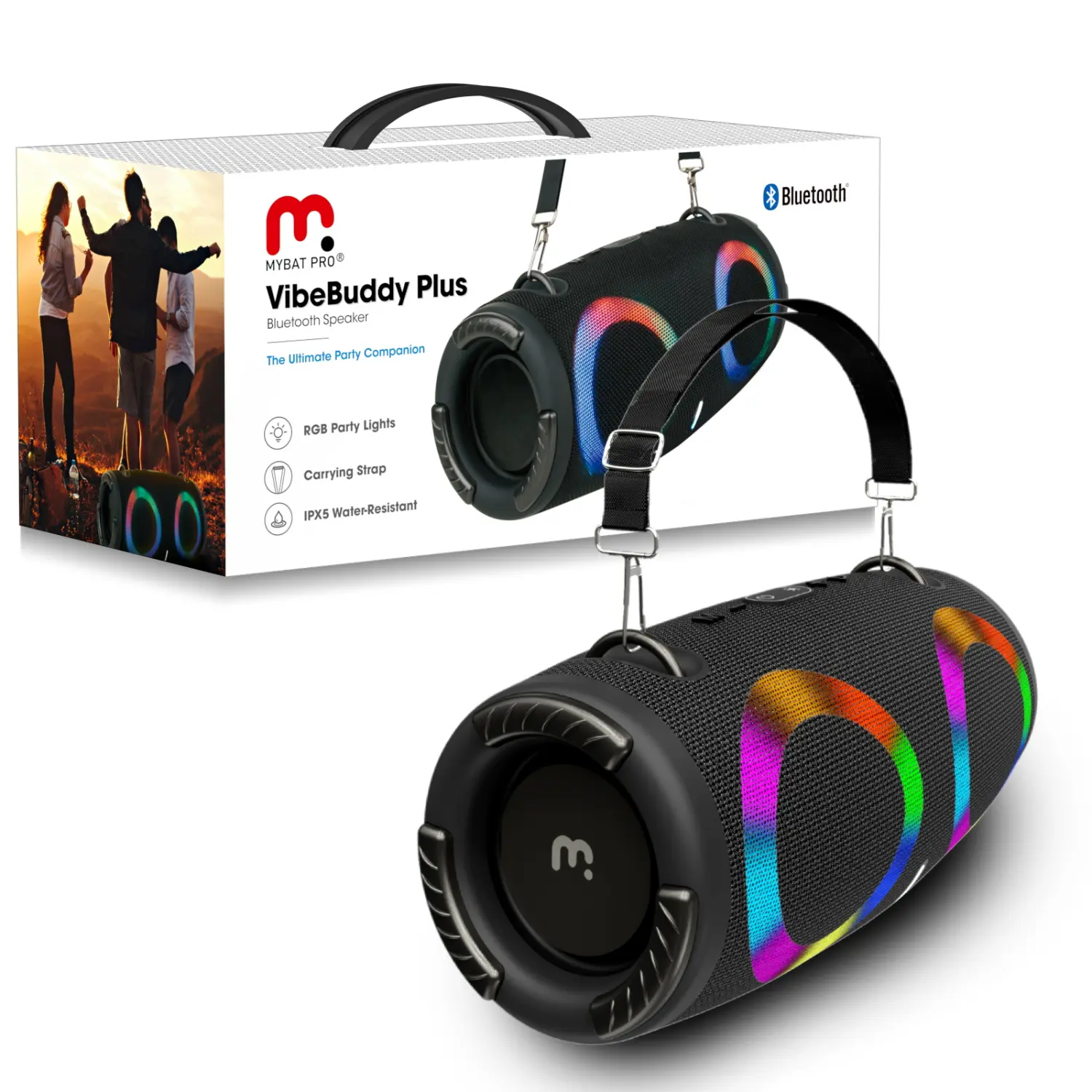 MyBat Pro Vibebuddy Plus Multifunctional Bluetooth Speaker - Black, Compact Surround Sound, Lightweight Rechargeable Portable Audio, Cable-Free Card Connection, Auxiliary Input