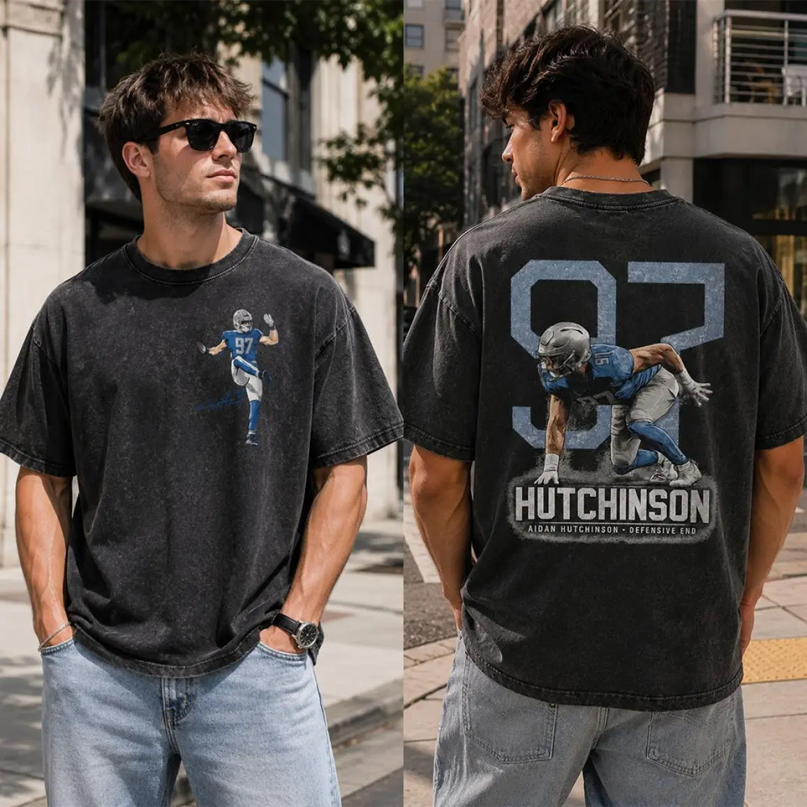 Aidan Hutchinson Vintage Two Sided Washed Shirt, Detroit Graphic Tee, Football Game Day T-Shirt, Retro Streetwear Shirt, Gift for Lion Fans, Soft Feel, Classic Look, Timeless Appeal, Simple and Clean