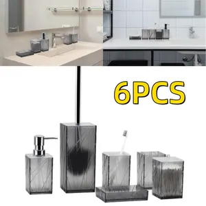 6PCS Bathroom Accessory Set - Grey Bathroom Accessories Sets Complete with Soap Dispenser, Toothbrush Holder & Cup, Soap Dish, Toilet Brush & Holder,Bathroom Accessory Set Glass Minimalist Plastic Transparent