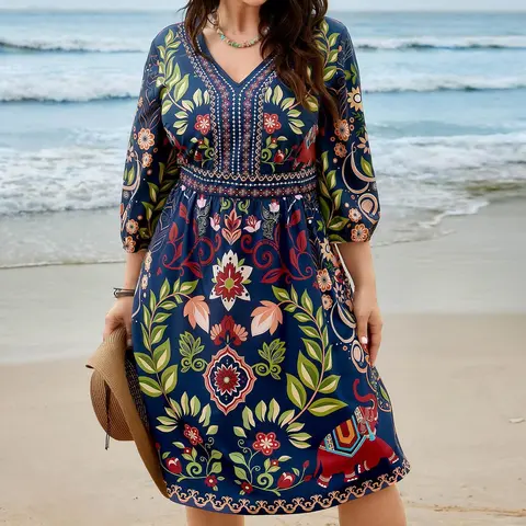 BloomChic Boho Print V-Neck Pockets Mini Dress 【M-6XL】