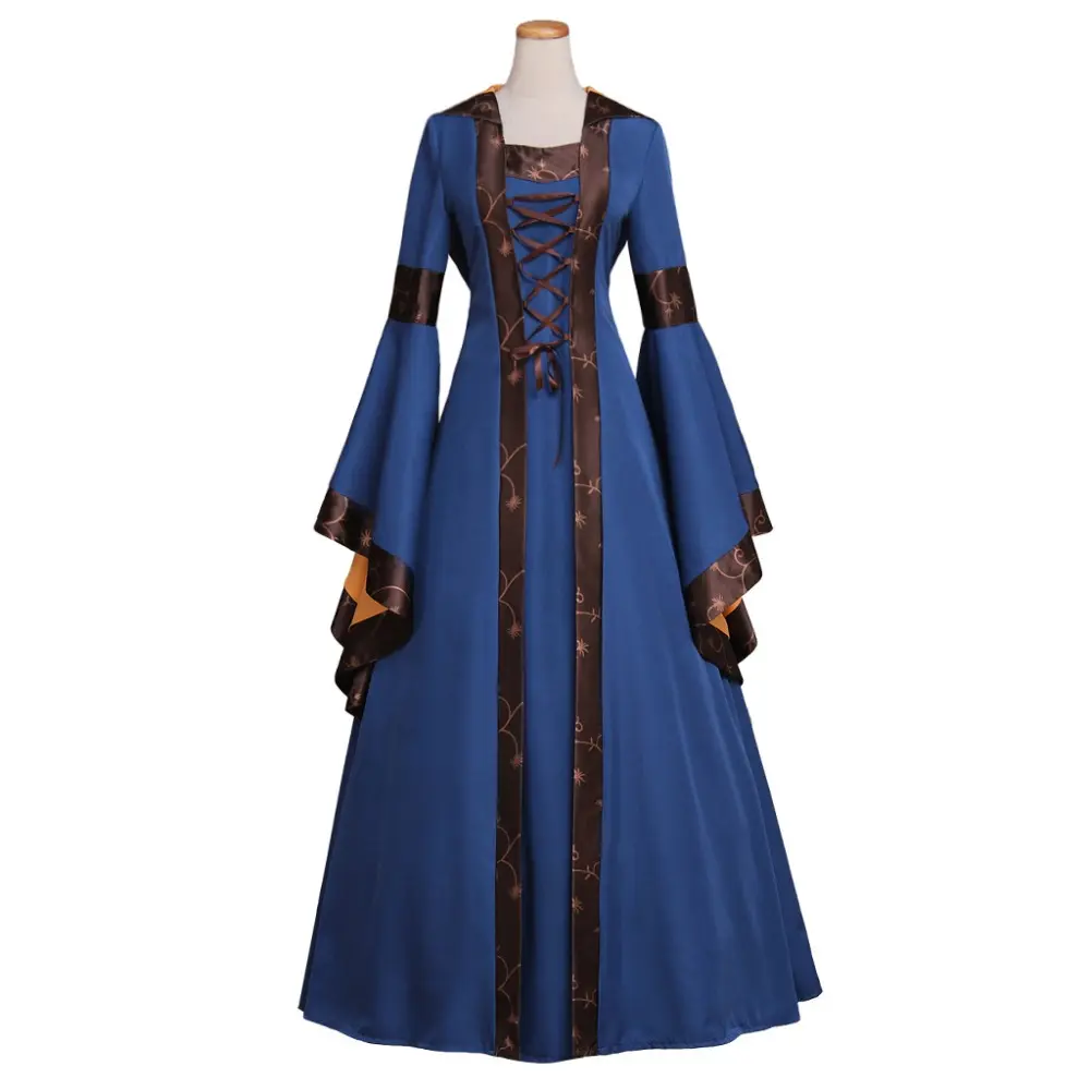 Women's Medieval European Palace Fashion Gown - Square Collar, Hooded, Long Sleeve, Adjustable Tie Belt, Flared Skirt, 2XL, 3XL, Renaissance Casual Dresses, Elegant Special Occasion Garment