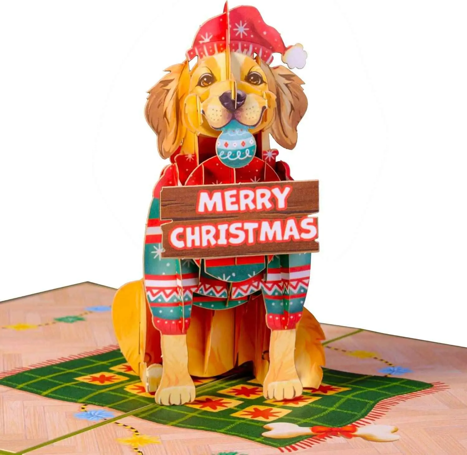 Paper Love Golden Retriever Popup Christmas Card, 5x7 Laser Cut Festive Dog in Sweater & Santa Hat, MERRY CHRISTMAS Sign, Premium Cardstock Office Greeting Card, Popupcard, 5X7 Size