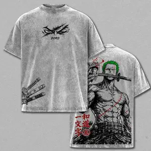 Roronoa Zoro x OP Wano Style Graphic Tee, Pirate Hunter Anime Vintage Washed T-Shirt, Three Sword Style Streetwear Design, Heavy Cotton Unisex Shirt, Manga Fan Gift