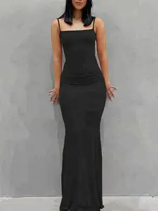Sexy Scoop Neck Open Back Spaghetti Strap Cami Dress, Sleeveless Solid Backless Spring & Summer Basic Bodycon Maxi Cami Dresses, Women's Clothing
