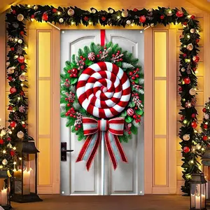 Candy Cane Door Cover 71x35 Inch Christmas Banner for Front Door Outdoor Indoor Decorations Large Holiday Backdrop with Red White Swirl Lollipop Glitter Bow Berries Pine Winter Decor