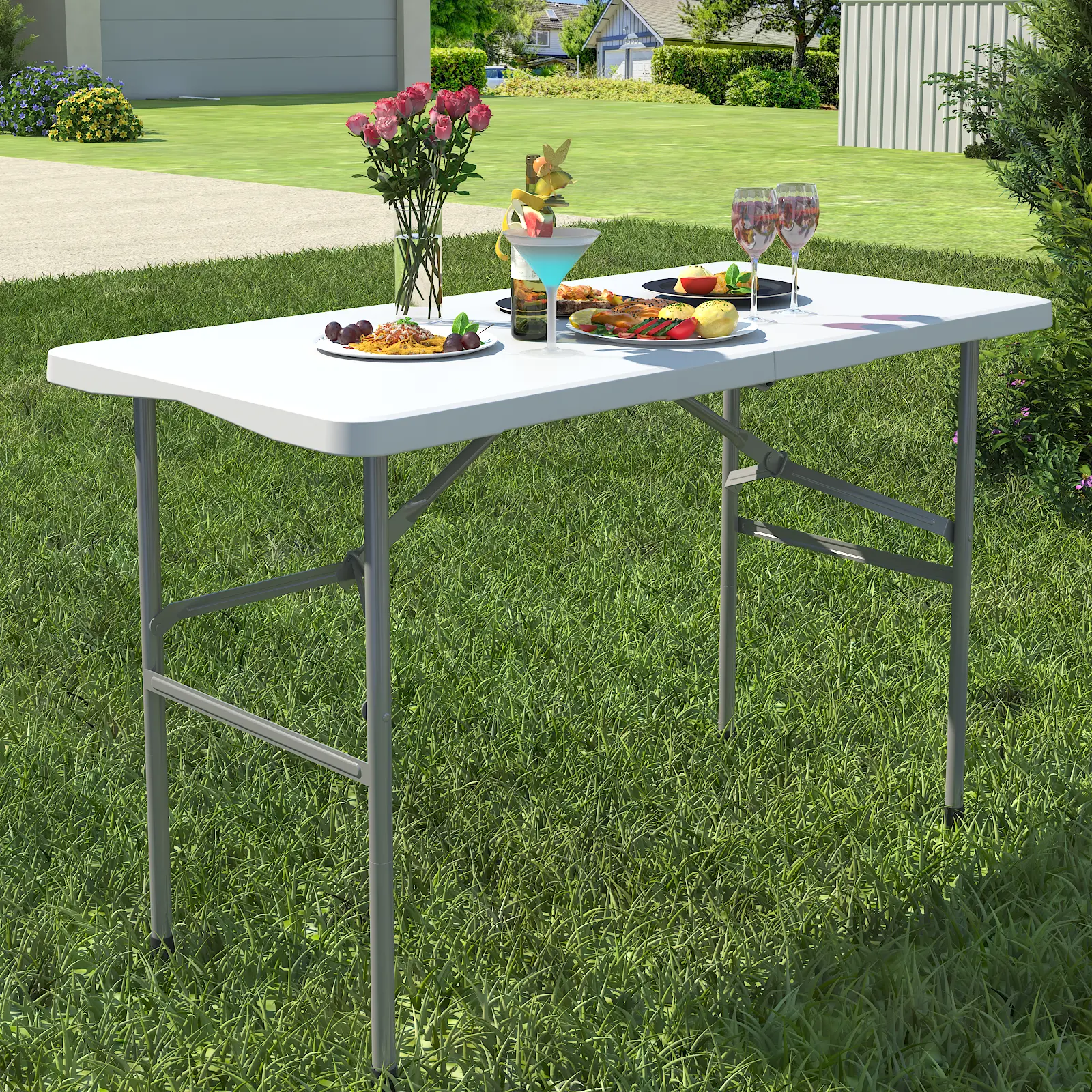 4ft Plastic Foldable Outdoor Table - Heavy-Duty Portable Dining Table with Lock Function, Carrying Handle for Camping, Party (Indoor-Use Compatible, White)