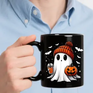 Cute Ghost Ceramic Coffee Mug Cup, Halloween & Day of the Dead Decor, Insulated Reusable Round Shape, Perfect for Spooky Drinks