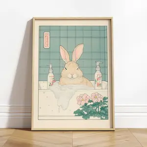 Ukiyo-e Bunny Print: Funny Rabbit in Bathtub, Japanese Art, Unframed | 5 Sizes (8x12–27x40 inch)