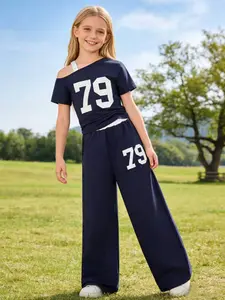 Girls' Summer Set, Shoulder-Exposed Design, Fashion Casual Short Sleeve Top & Wide Leg Pants, Comfortable All Seasons Wear