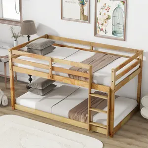 Low Bunk Bed Frame Twin over Twin Size Loft Bed with Ladder, Upper Bunk Bed with Strengthened Slats, Solid Rubber Wooden Bunk Bed