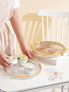 Diamond-Trimmed Acrylic Serving Trays with Gold Handles - Luxury Platter for Cakes, Cupcakes, Home Styling