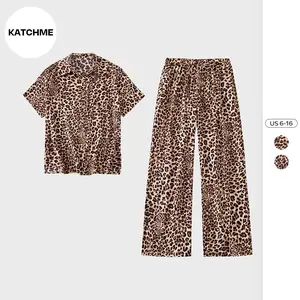 KatchMe Women's Chic Leopard Print Collared Button Short Sleeve Shirt & Wide Leg Trousers Co-ord, Casual Drawstring Decor Loose Womenswear
