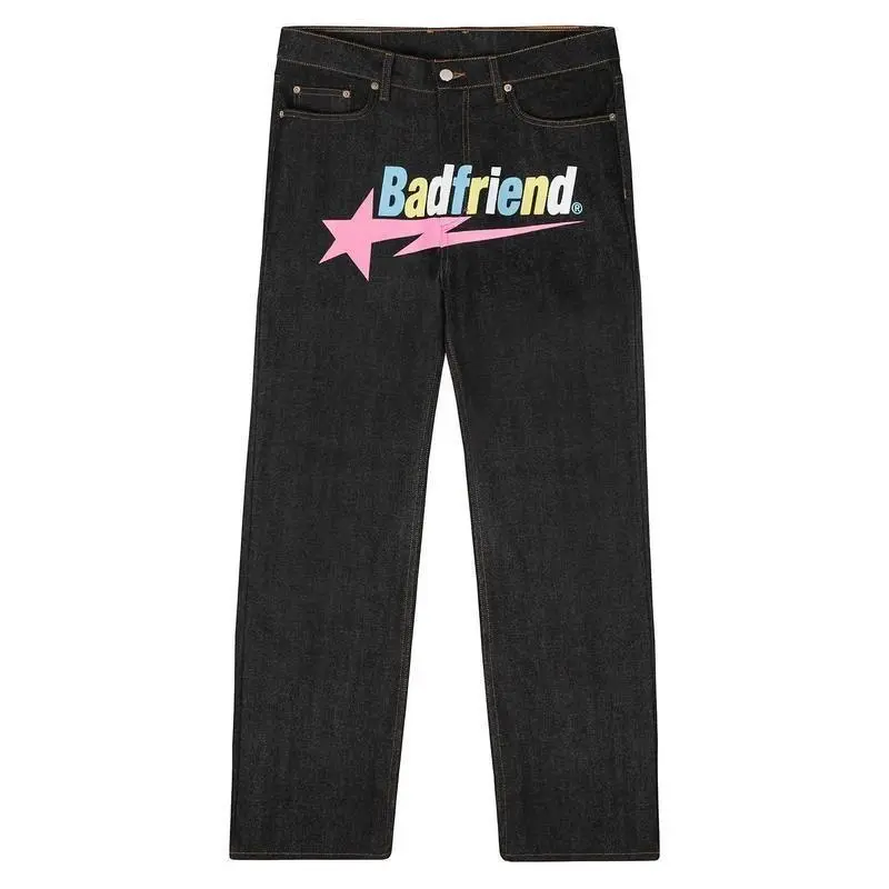 Men's Letter Print Jeans, Harajuku Streetwear Style Wide-Leg Denim, Loose-Fit Hip Hop Fashion Menswear
