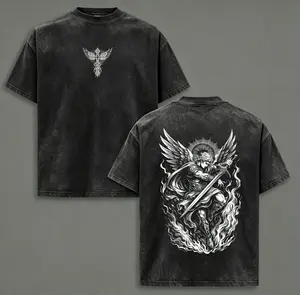 Archangel Michael Vintage Washed Oversized Christian T-Shirt, Angel of Fire Faith Graphic Tee, Heavy Cotton Dark Scripture Streetwear Top, Unisex Retro Worship Shirt for Believers, funny graphic tee, men’s trendy t-shirts, deals, humorous,good graphic