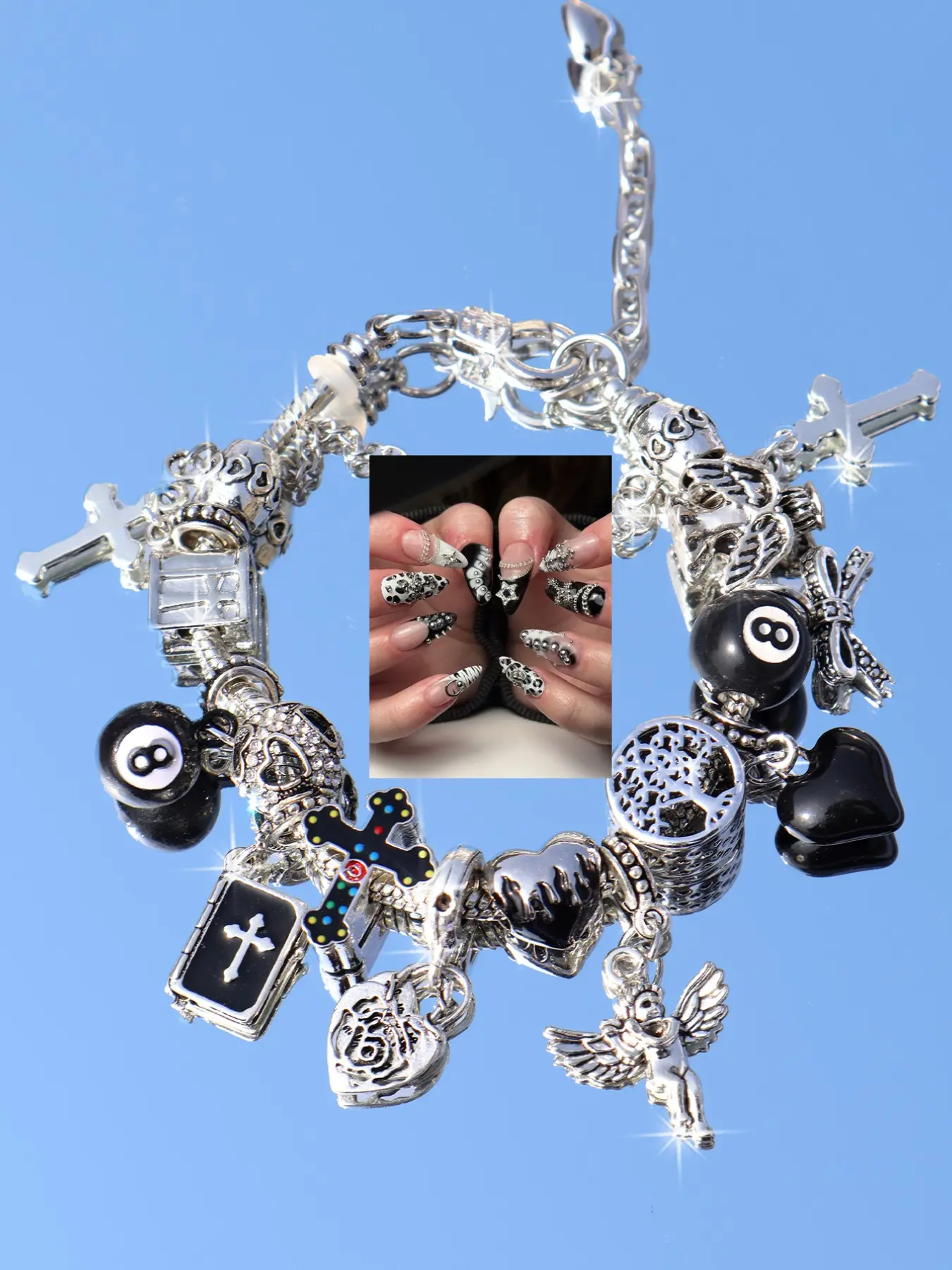 Dark Gothic Cross Charm Bracelet, Heart Life Tree Vintage Bracelet, Bible Angel Heart Cross Bracelet, Dark 8 Ball Bracelet, Alloy Chain Bracelet, Hand Chain