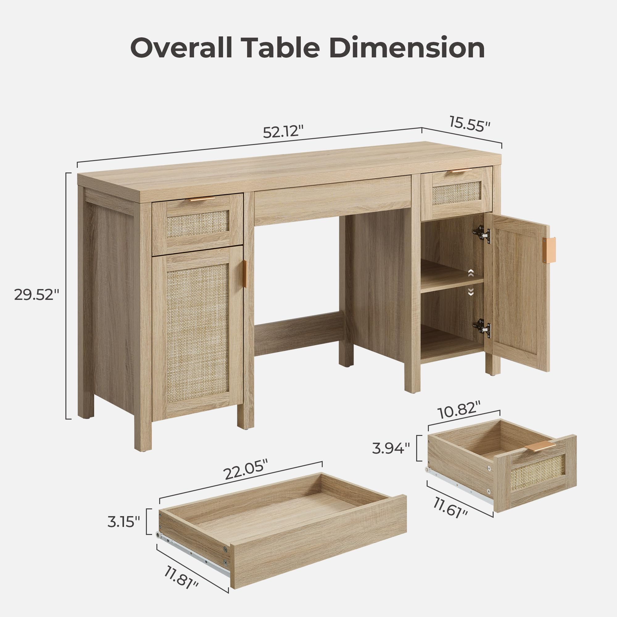 SICOTAS Rattan Vanity Home Office Desk - 52" Large Farmhouse Boho Makeup Vanity Dressing Table with 3 Drawers & 2 Storage Cabinets, Vanities Desk for Makeup Room,Bedroom, Home Office
