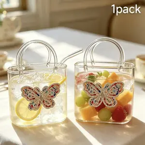 Butterfly Decorated Unique Wine Cups with Food Grade Reusable Straw, BPA Free Lead-Free Clear Glass Cup, Ladies Party Gift, Multi-Functional Fish Tank Vase, Shatter-Resistant, Dishwasher Safe for Juice Tea Flowers Home Bar Bridal Shower Daily Use