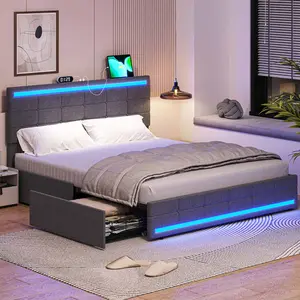 Queen Size Linen LED Bed Frame with 4 Under Bed Drawers Lighted Headboard Modern Design for Comfortable Sleep Dark Grey