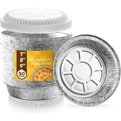 Aluminium Foil Bakeware Round Disposable Pan Set - 50 Pack Ready, 3 Size (7.3in, 8.5in, 9.3in) 7.3–9.3 in Fit Circular Cookware with Lids for Foil Pack Cooking, Birthday Cake Baking